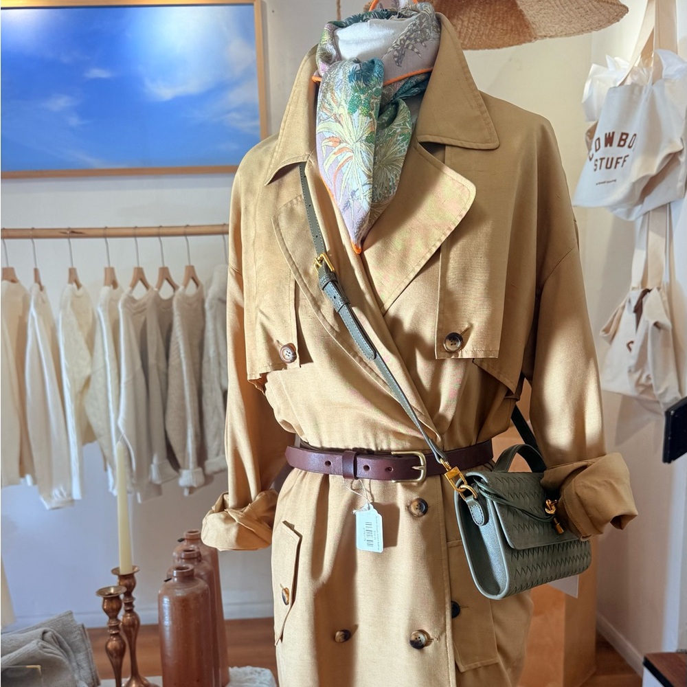 90s 100% Silk Tan Double-Breasted Midi Trench Dress